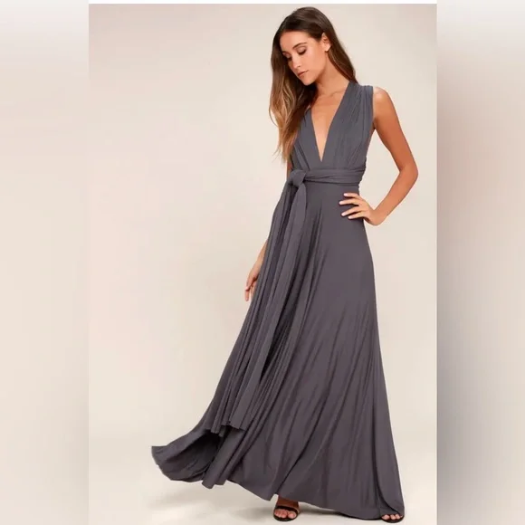 grey dress lulus Lulus Greyish Blue Full Length Dress with Tie Up Back and Ruffled Hem  The  Thrifty Hippy